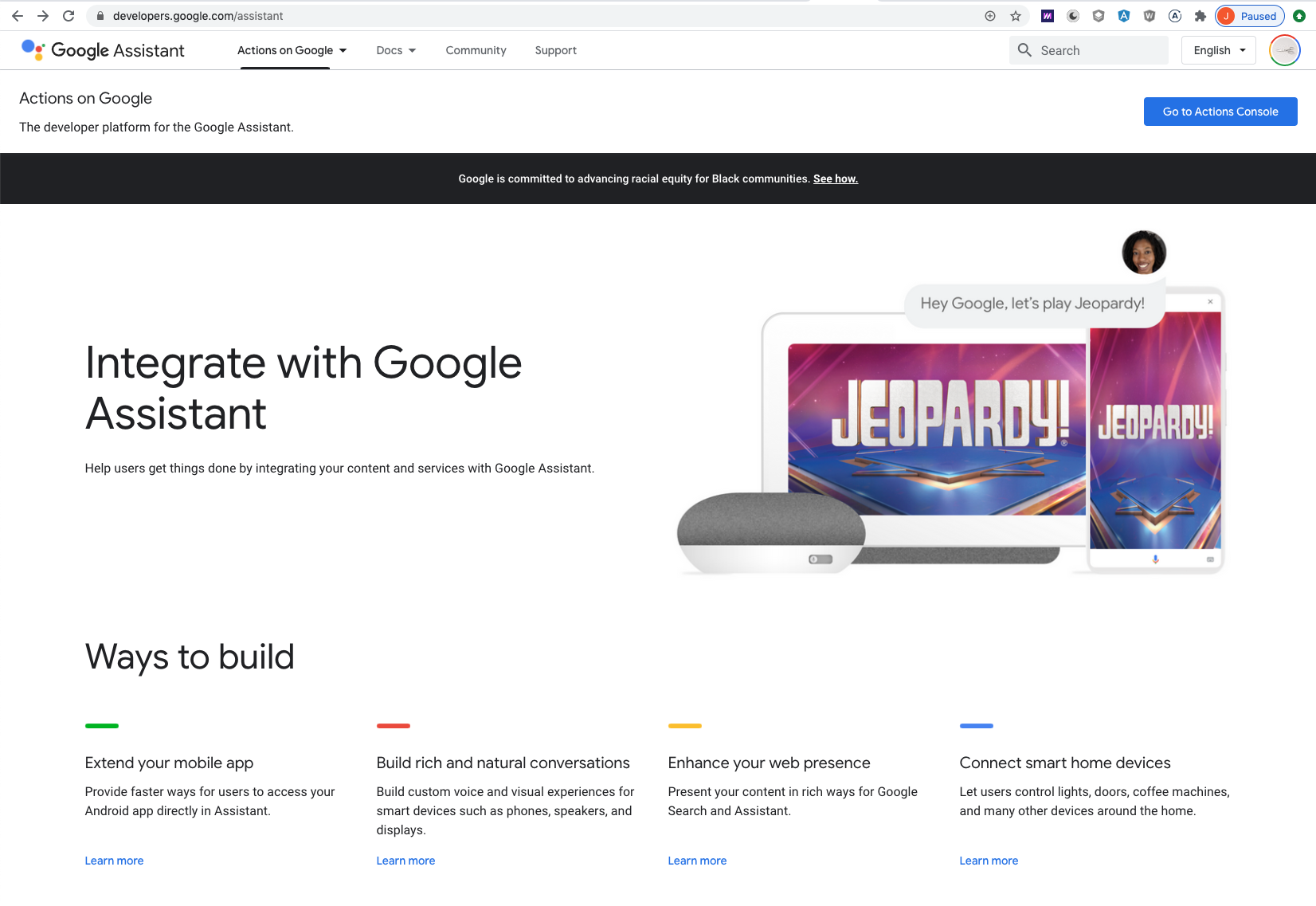 Screenshot from google actions website documentation showing different ways to build
