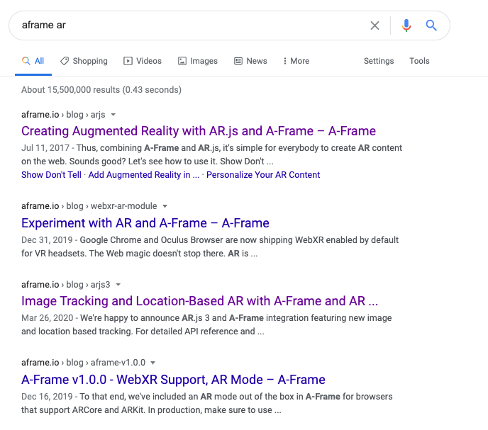 Screenshot from our google search of aframe ar that shows the tutorial we followed and the tutorial we should have followed