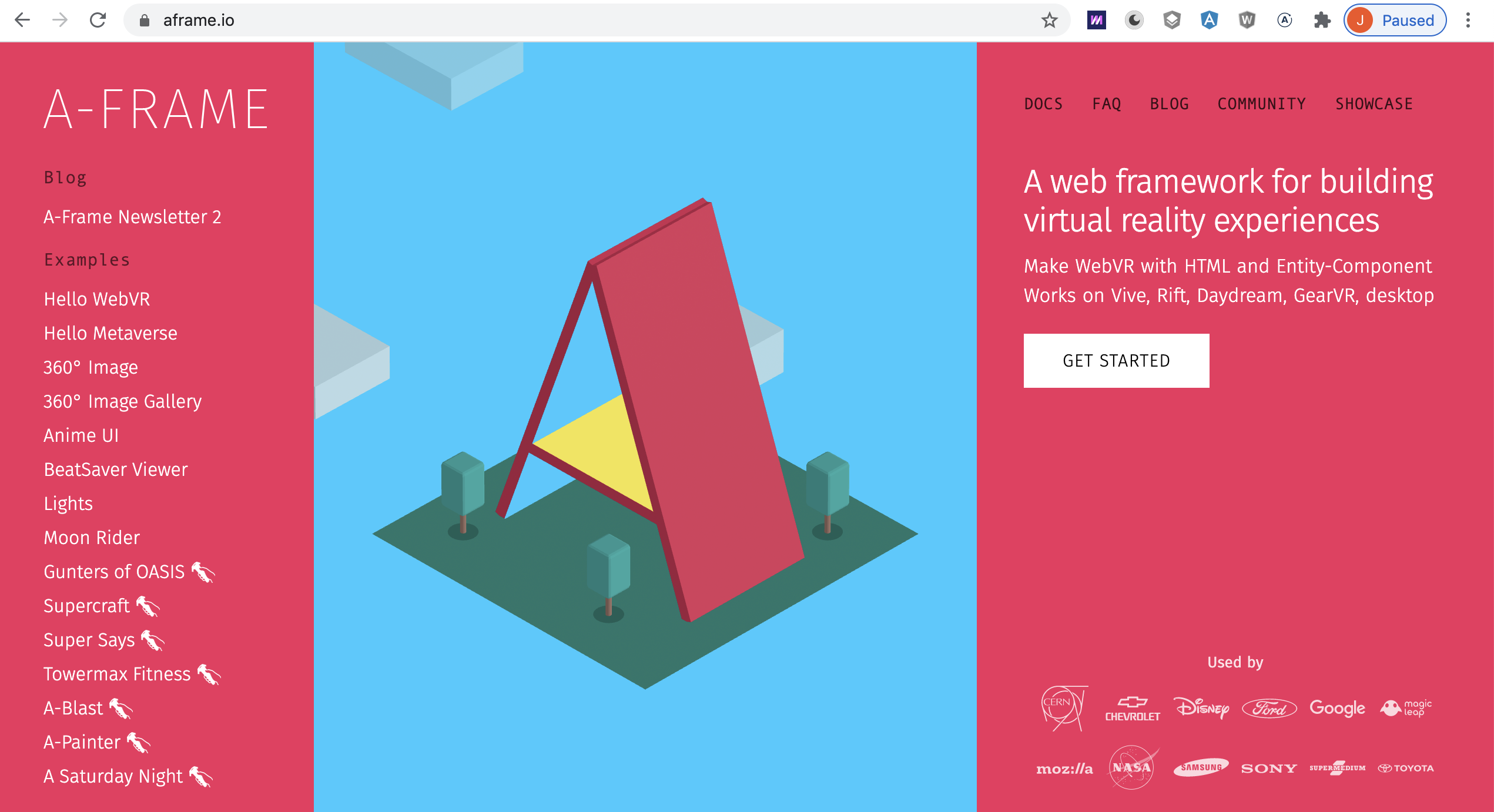 Screenshot from aframes website landing page