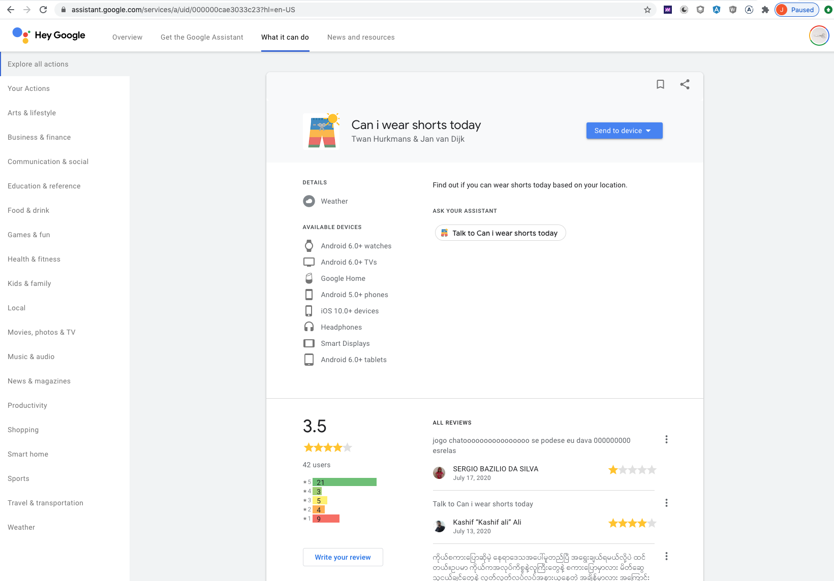 Screenshot of a google action called Can I Wear Shorts