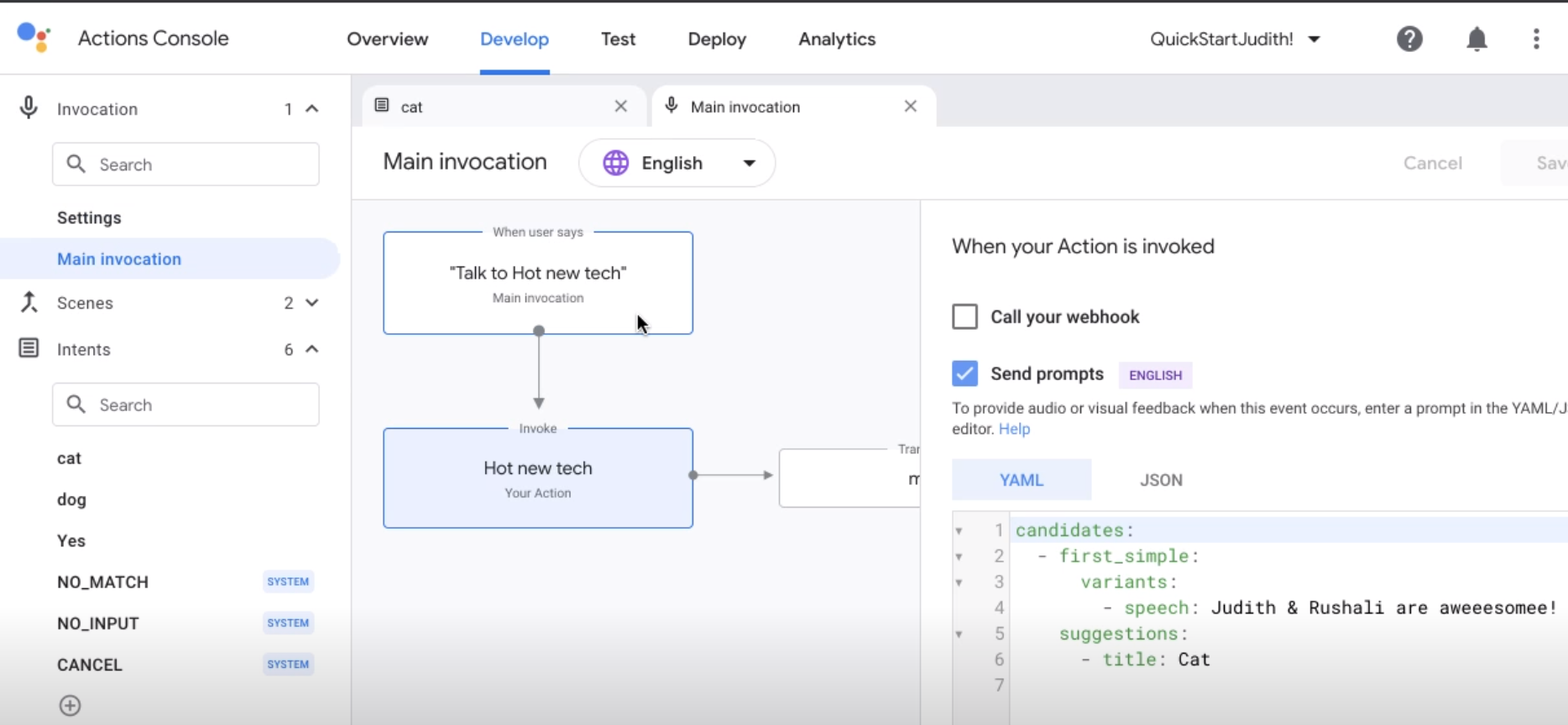 Image of the google actions console with our action map which looks like a flow chart.