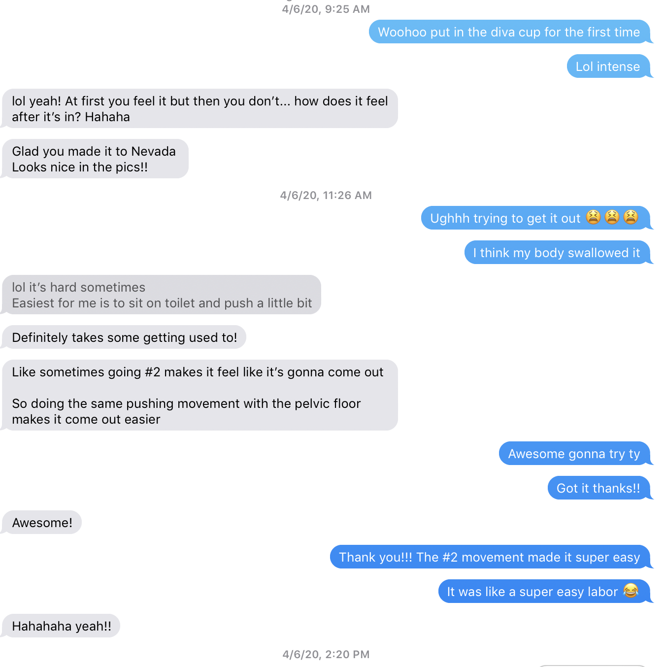 A text chain about how to get the cup out of your body - the advice is 'sometimes going #2 makes it feel like it’s gonna come out - So doing the same pushing movement with the pelvic floor makes it come out easier''