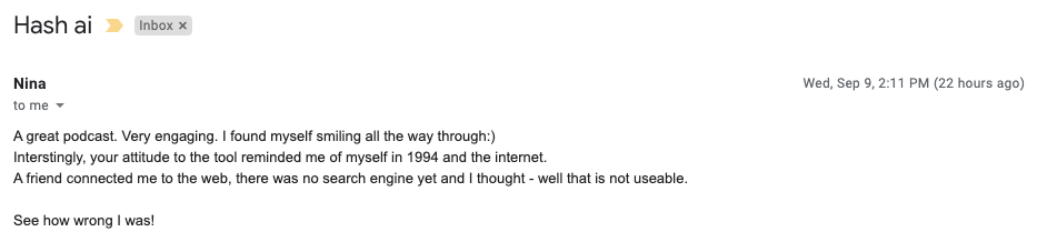 Screenshot of a email from my mom saying she thought the internet sucked when she first saw it.