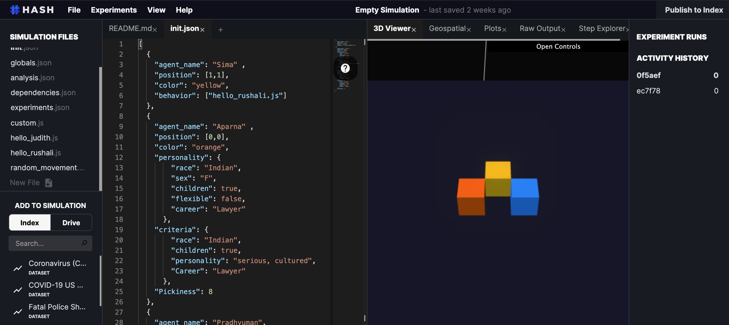 The beginnings of our hash simulation with the javascript on the left and the simulation on the right.