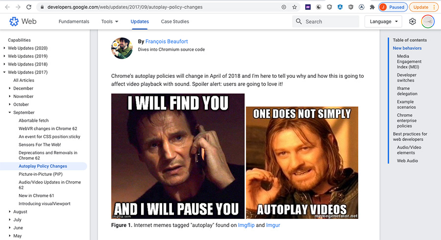 A snippet from the chrome developer blog that turned off audio play