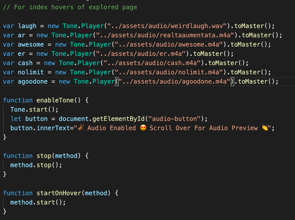 Screenshot of our javascript that launches the audio hover states