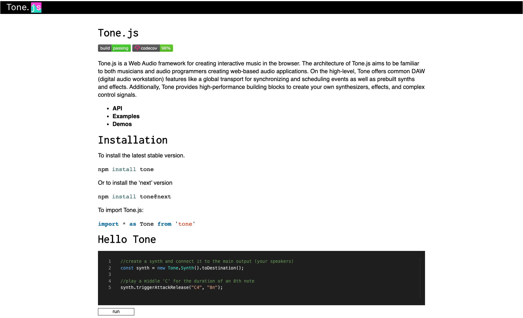 Screenshot from tone.js website landing page
