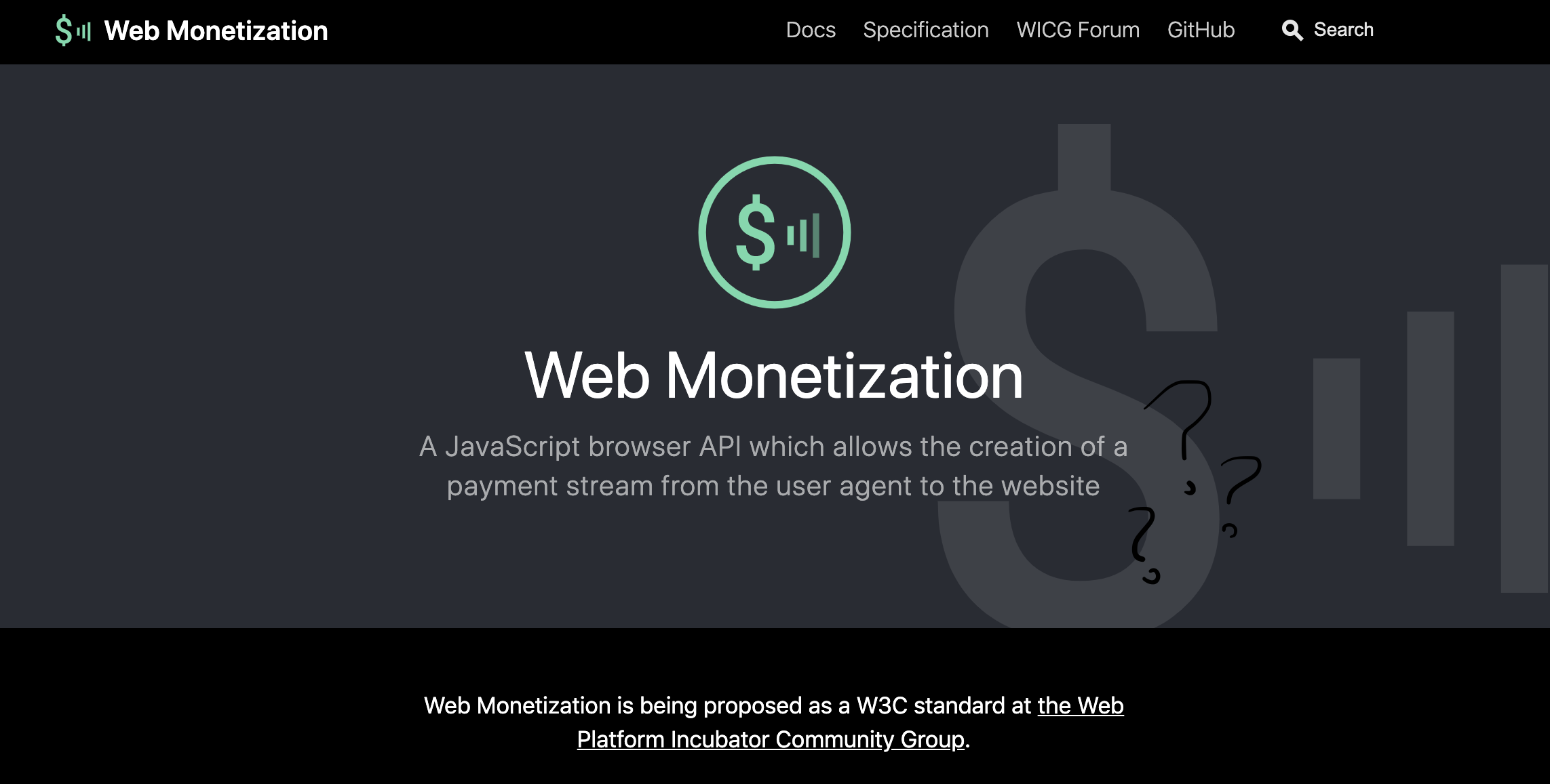 Screenshot of the web monetization home page.