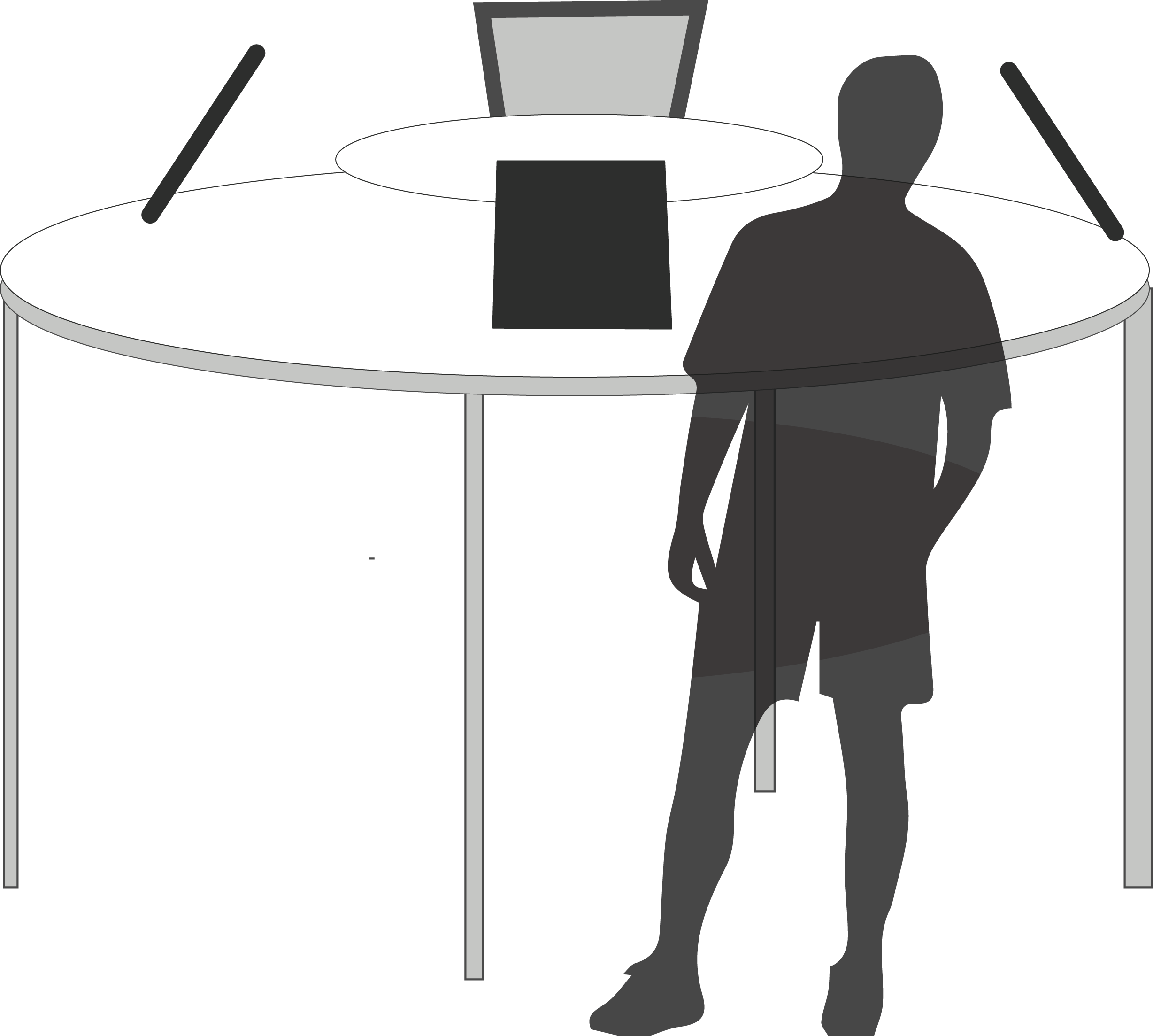 drawing of a man standing in front of a table with small screens pointing at him