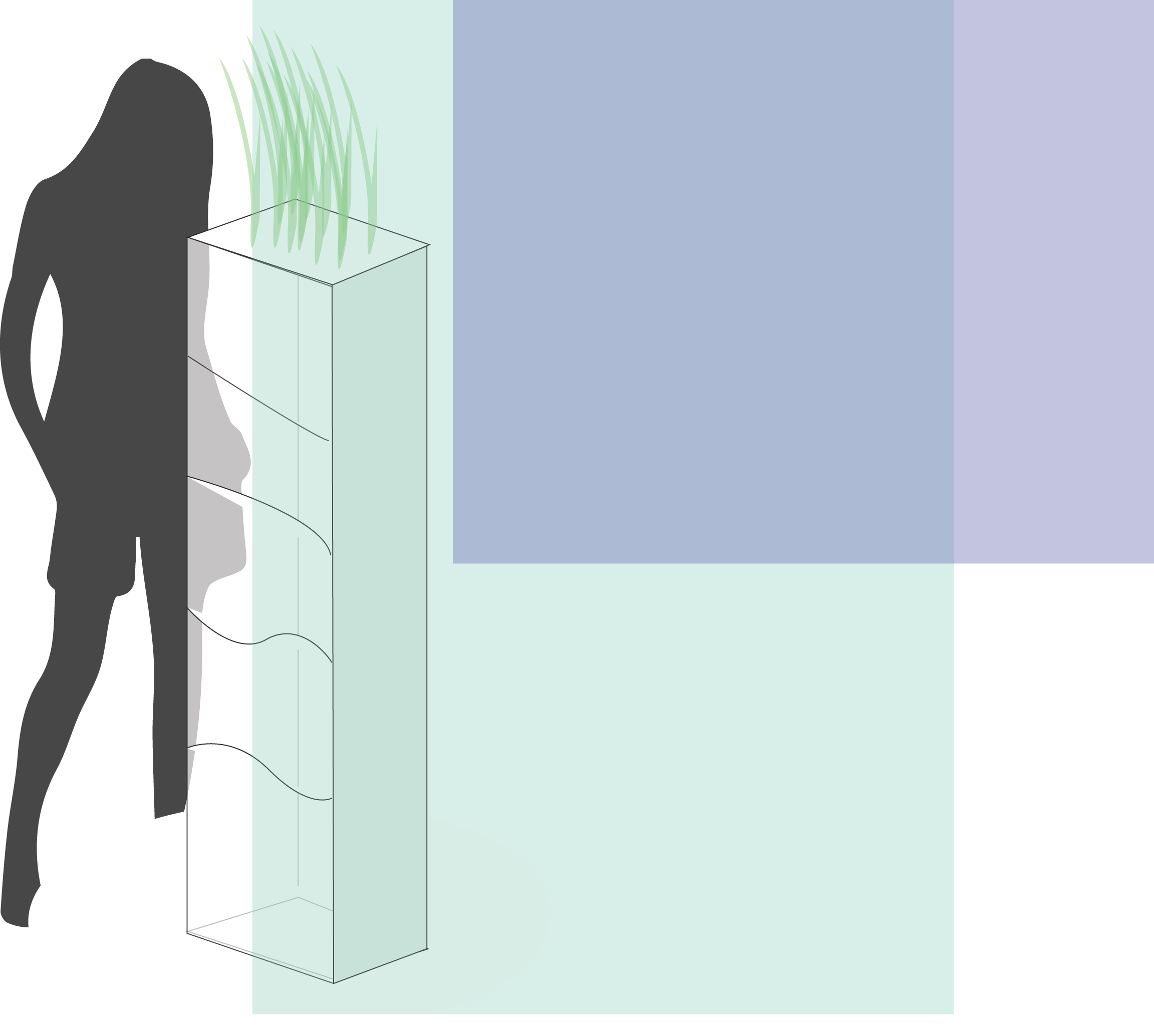 diagram of a woman standing in front of a column that seems to have grass on the top
