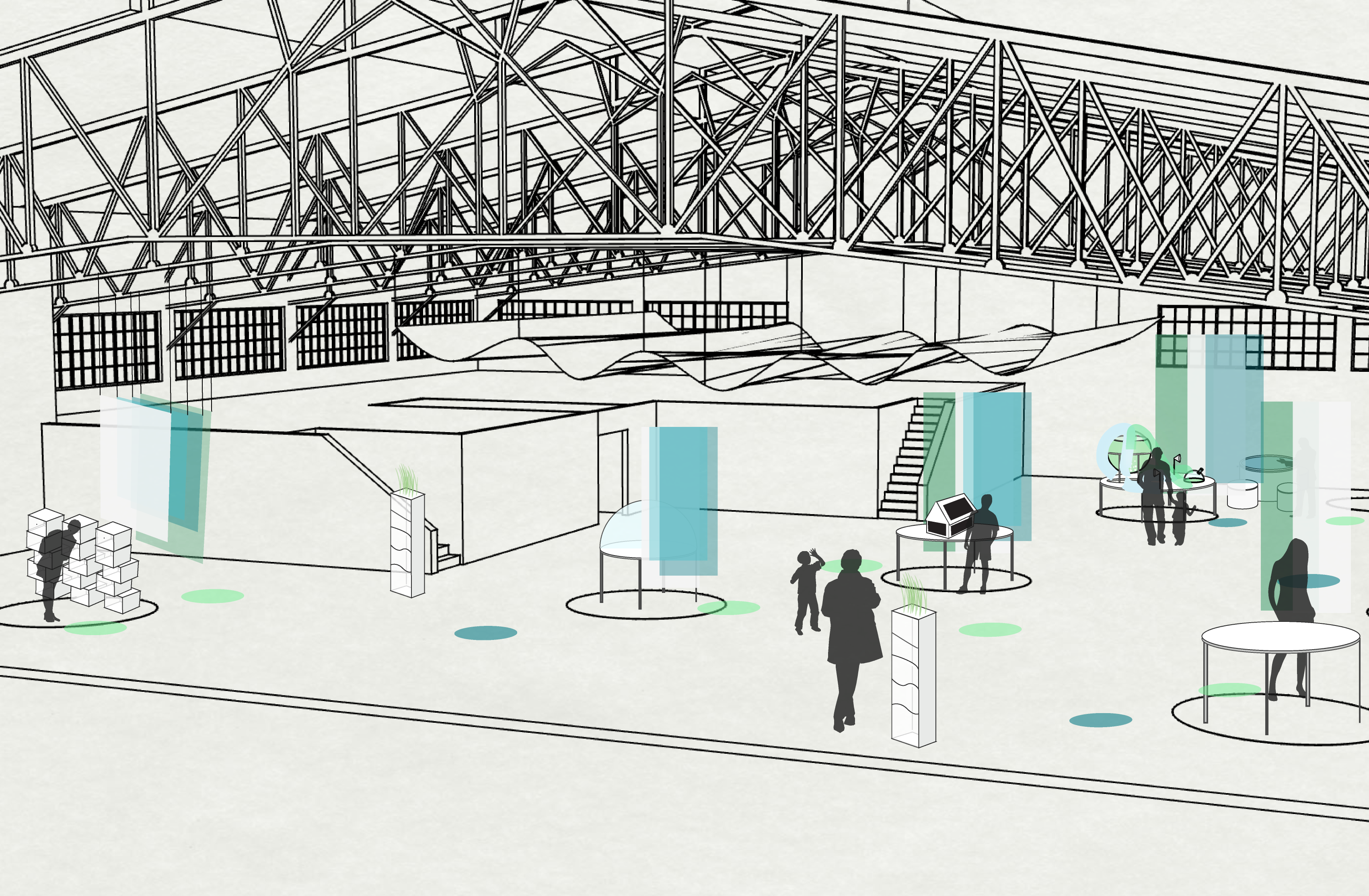 render of a space filled with various interactive exhibits and people walking through them